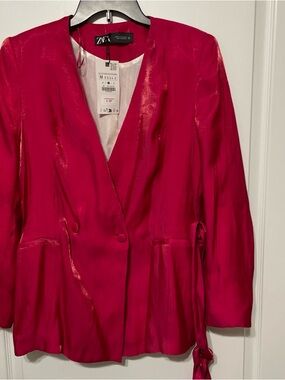 NWT ZARA Women Collarless Crinkled Effect Belt Blazer Metallic Reddish Pink Sz M